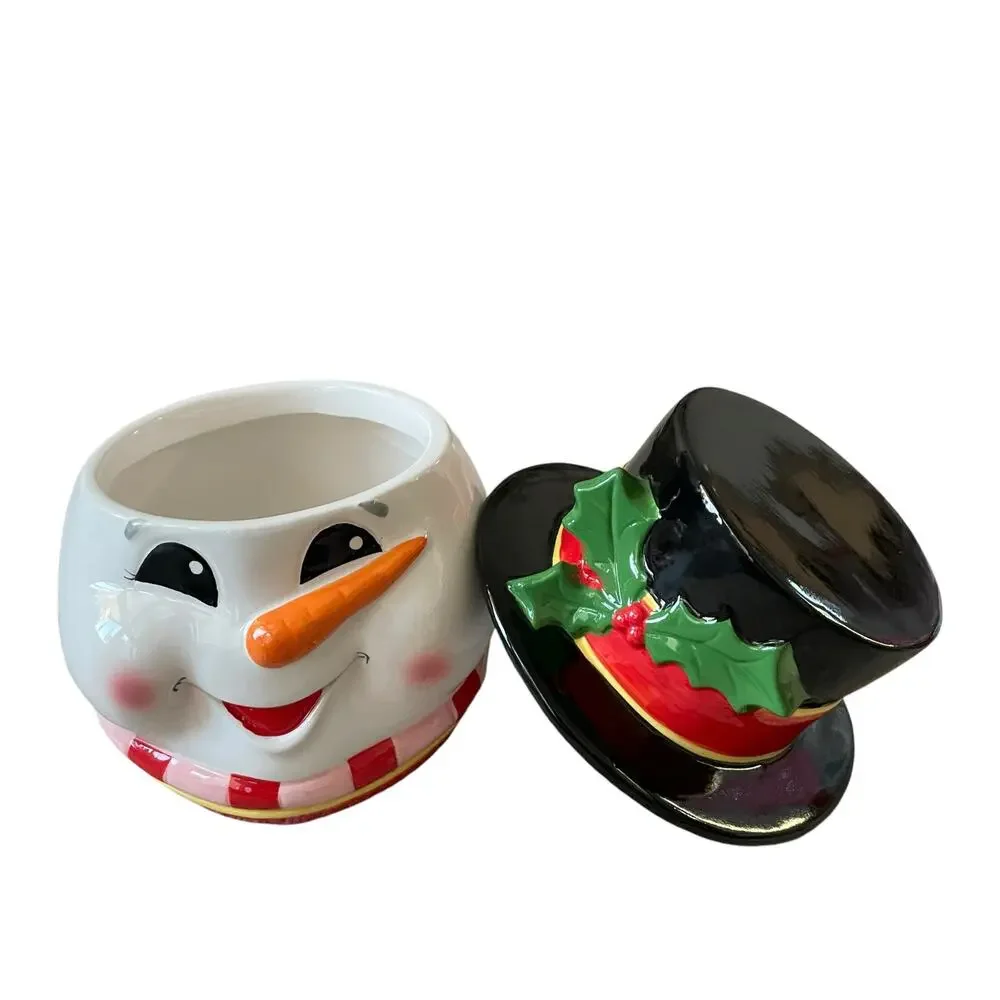 Christmas Cookie Jar Ceramic Snowman with Top Hat Lid Festive Kitchen Decor New